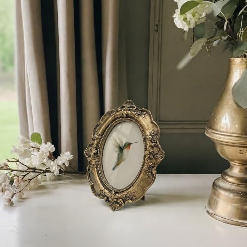 Vintage Hummingbird Small Bronze Oval Picture Frame,Spring Bird Mini Ornate Photo Frame Baroque for Wall Art Decor TableTop Shelf,Rustic Watercolor Framed Artwork Gifts for Home Bedroom 4x5in - color: little bird