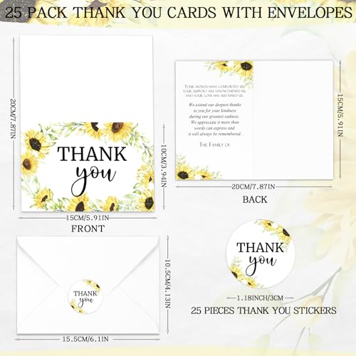 Marspark 25 Pack Funeral Thank You Cards Sympathy Envelopes, Sunflower - style: Sunflower