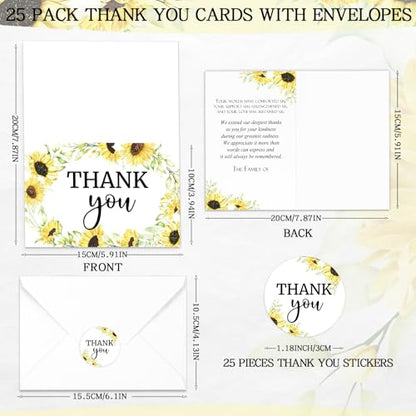 Marspark 25 Pack Funeral Thank You Cards Sympathy Envelopes, Sunflower - style: Sunflower