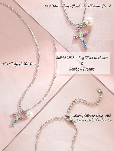 S925 Sterling Silver Cross Necklace for Girls, Baptism First Communion Confirmation Gifts, Pearl Heart Pendant Necklaces, Back to School Graduation Easter Birthday Faith Gift Age: Over 8 Years Old - style: Pearl Rainbow CZ Cross