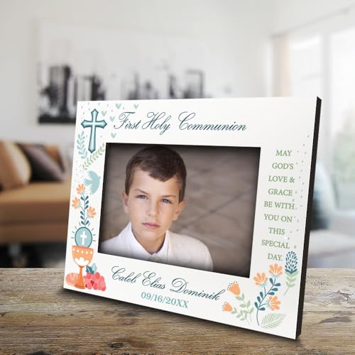 BELLA BUSTA-Personalize My First Holy Communion Theme Picture frame-Cross and Chalice, Religion, Christian Traditions Occasion-UV Print (5x7 Horizontal (Boy)) - color: 5x7 Horizontal (Boy)