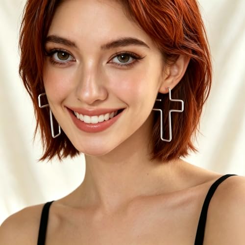 Cross Hoop Earrings for Women Trendy Large Cross Rhinestone Sparkly Hoop Earings Prom Wedding Party Formal Jewelry - color: silver T5