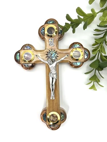 iHoly Land Crafts Catholic Wall Crucifix, Mother of Pearl & Relics, 11"x 7" - size: 11"L x 7"W