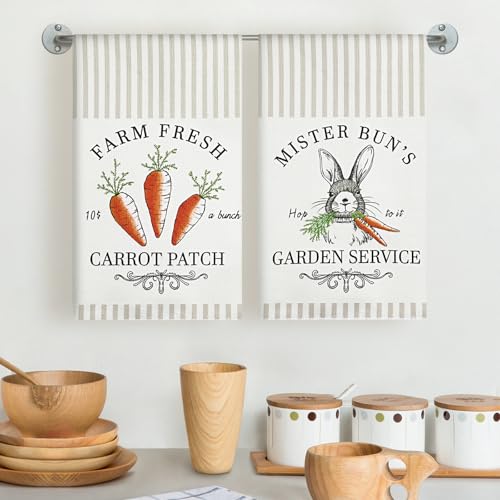 MelonBoat Easter Kitchen Towels Set of 2, Easter Bunny Carrot Patch Decorative Dish Towels, 18x28 Inch Happy Easter Hand Towels, Cute Happy Spring Hand Drying Tea Towels for Home Bathroom Kitchen