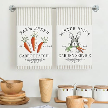 MelonBoat Easter Kitchen Towels Set of 2, Easter Bunny Carrot Patch Decorative Dish Towels, 18x28 Inch Happy Easter Hand Towels, Cute Happy Spring Hand Drying Tea Towels for Home Bathroom Kitchen