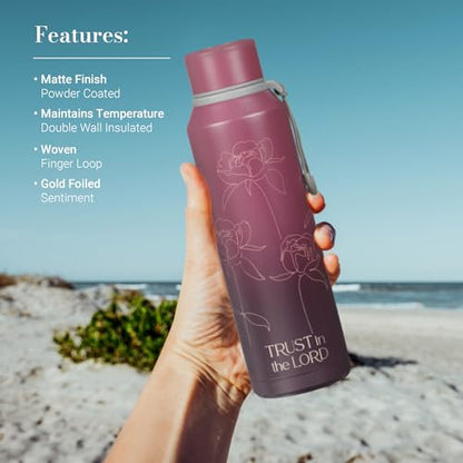 Christian Art Gifts Stainless Steel Double Wall Vacuum Sealed Insulated Water Bottle for Women: Trust in the Lord Bible Verse, Leak/Spill-proof, Scratch Resistant, Wide Mouth, Cute Plum Purple, 24 oz - color: Trust/Plum