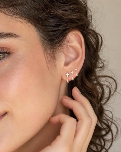 3 Pairs Backless Earrings for Women, Stay Close Half Hoop Earrings - color: Silver-Cross 4/5/6mm