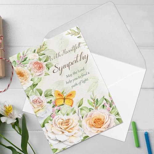 Sympathy Card with Heartfelt Message – Christian Condolence Card for Loss of Loved One, Religious Bereavement Card with Flowers & Butterfly, Comforting Memorial Card - style: Card-243