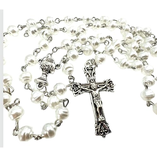 Westmon Works First Holy Communion Rosary Gift Set for Girls – Glass Beads Catholic Rosary with Keepsake Case, Chalice Centerpiece & Crucifix – Religious Communion Gift