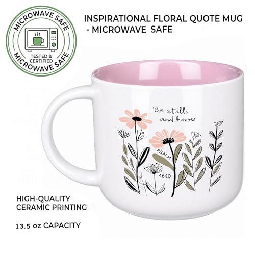 13.5 oz Round Ceramic Mug with Pink Interior, Be Still and Know Psalm 46:10 Text, Double-Sided Print, Microwave Safe, Christian Coffee Cup for Women