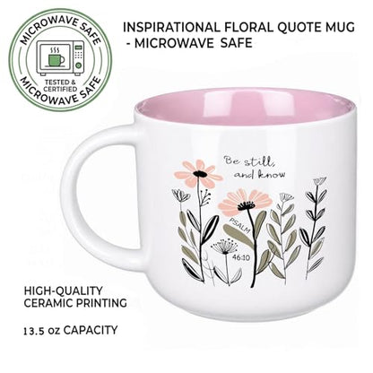 13.5 oz Round Ceramic Mug with Pink Interior, Be Still and Know Psalm 46:10 Text, Double-Sided Print, Microwave Safe, Christian Coffee Cup for Women