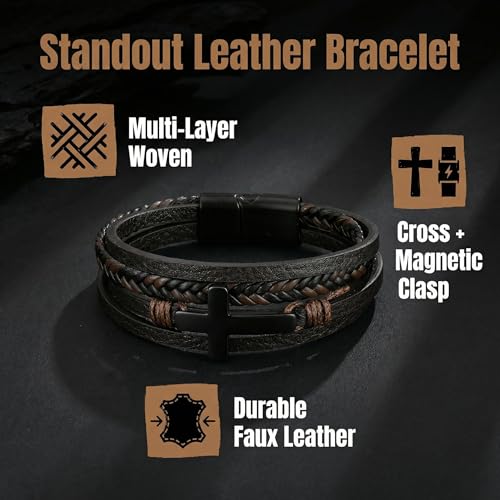 Leather Cross Bracelet Braided Faith Bangle for Men, 8.3 &9.1 Inch - color: 02.Coffee color, size: 8.3in(Fits most wrists)