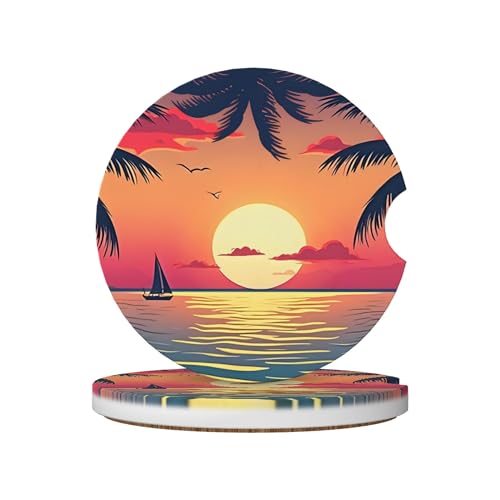 Beach Sunset Car Cup Holder Coasters 2 Pack 2.63" for Women - color: Orange