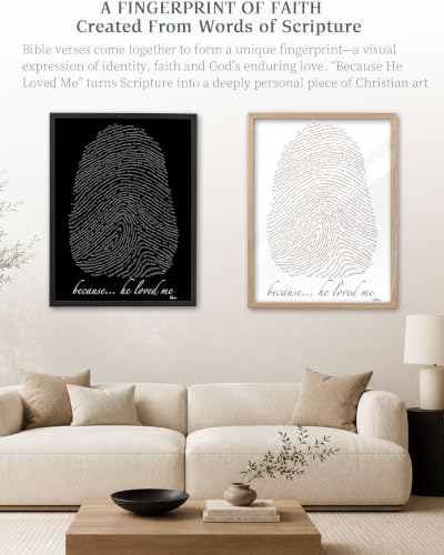 iHery 12x16in Because He Loved Me Fingerprint Bible Verse Framed Wall Art - color: Black Frame Black Art, size: 16"L x 12"W