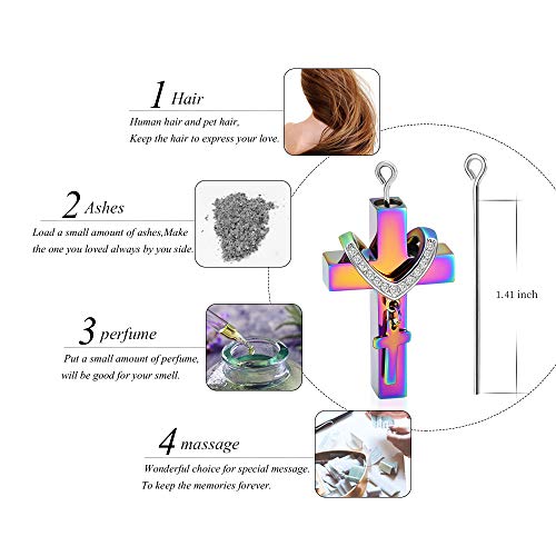 Cremation Jewelry for Ashes Pendant - Cross Urn Necklace with Mini Keepsake Urn Memorial Ash Jewelry - color: Colorful