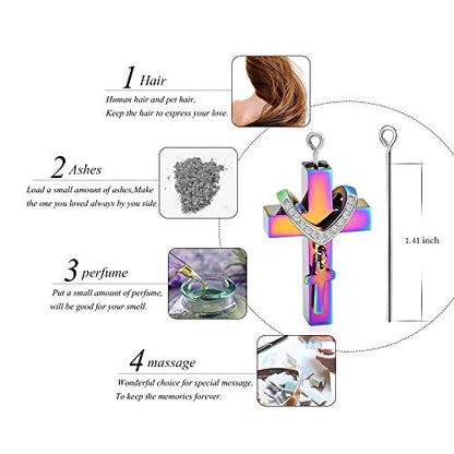 Cremation Jewelry for Ashes Pendant - Cross Urn Necklace with Mini Keepsake Urn Memorial Ash Jewelry - color: Colorful
