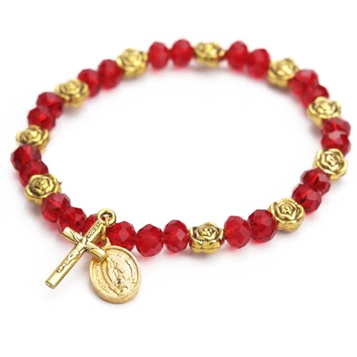 Needzo Our Lady of Guadalupe Rosary Bracelet, Roses of Mary Jewelry Accessory, Gold Toned Charms, Religious Gift, 7.5 Inches