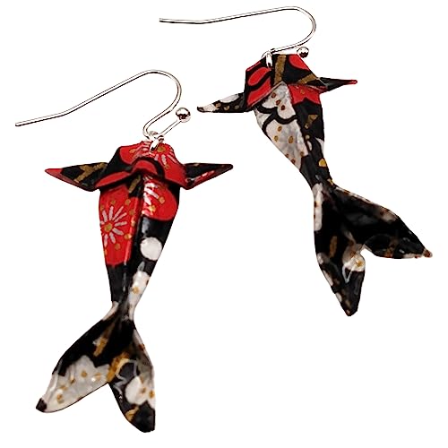 Paper Origami Koi Fish Earrings, 6 Color Patterns - color: Black Red White