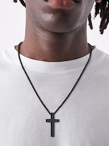 ChainsHouse Cross Necklace for Men, Black/18K Gold Plated/Stainless Steel Christian Jewelry Cross Pendant Necklace for Men, with Gift Box - color: c: Plain Cross-Black