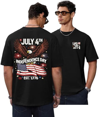 Herberton Men's Graphic T-Shirt Loose Fit Cotton Fashion Casual Streetwear Crewneck Short Sleeve Tee (S-XXL) - color: Black - Eagle Flag, size: Medium