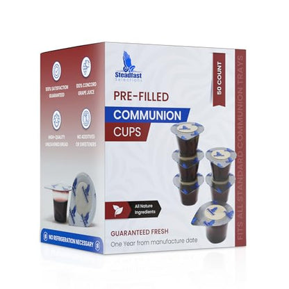 Steadfast Selections 50 CT Pre-filled Communion Cups and Wafer Set, Comunión Cups and Bread, Prefilled Communion Cups and Wafer Set, Individual Communion Wafers and Juice Comunion, Comunione, Lords Supper Cups