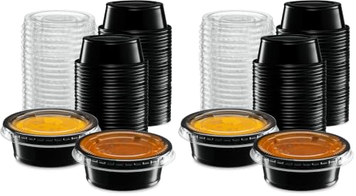 1.5 oz - 100 Sets Black Diposable Plastic Portion Cups With Lids, Small Mini Containers For Portion Controll, Jello Shots, Meal Prep, Sauce Cups, Slime, Condiments Disposable Souffle Cups (Pack of 2) - color: Black, size: 1.5 Ounce (Pack of 2)