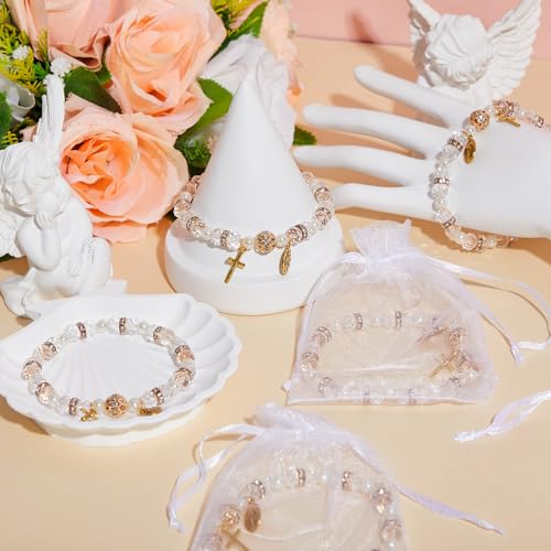 Taiyin Rosary Bracelet Bulk with Mesh Bags, White Religious Rosary Bead Bracelet Catholic Bracelets, Baptism First Communion Gifts for Women - color: Gold
