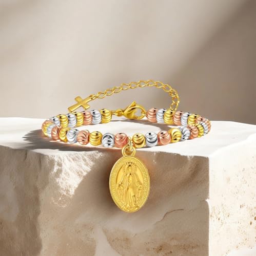 Rnivida 14K Gold Plated Stainless Steel Catholic Rosary Bracelet for Women,Religious Gift for Confirmation Baptism First Communion Easter - color: Three Tone