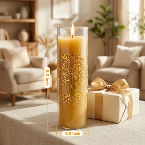 CYS-Edge Tree of Life Pure Beeswax Prayer Candles in Glass Jars, 3 Pack, 204-Hour Total Burn, 1.8 x 5.9 Inch, Yellow Christian Devotional Candles - size: 1.8 x 6inches