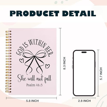 BearCake Pink Coquette Bow Christian Notebook Journal, God is Within Her She Will Not Fall Bible Journal for Women, Christian Religious Gifts for Woman, Hardcover Spiral Notebook 5.5x8.3 - color: white Bible-46:5