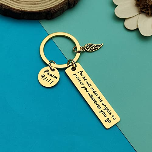 Dabihu Christian Keychain Gift for Women Men Religious Jewelry First Communion Gifts Baptism Gifts Bible Verse Keychain - color: For He Will Order His Angels to Protect You Wherever You Go Gold Keychain