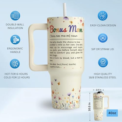 Bonus Mom Gifts 40 Oz Tumbler with Handle and Straw, Bonus Mom Gift with Funny Nutrition Facts Design, Gifts for Step Moms, Birthday Gifts for Bonus Moms from Daughter, Son or Family - color: Bonus Mom