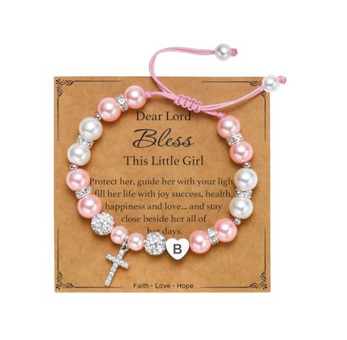 Initial A-Z Cross Bracelet for Girls, Baptism First Communion Confirmation Religious Christian Gifts for Daughter Godchild - color: Initial (B), size: Dear Lord