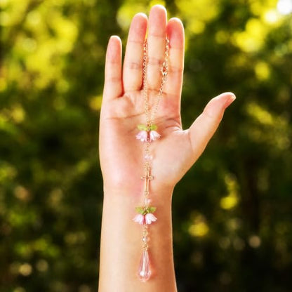 Cross Suncatcher Car Rearview Mirror Charm Pink Lily of Valley - color: Pink - Flower
