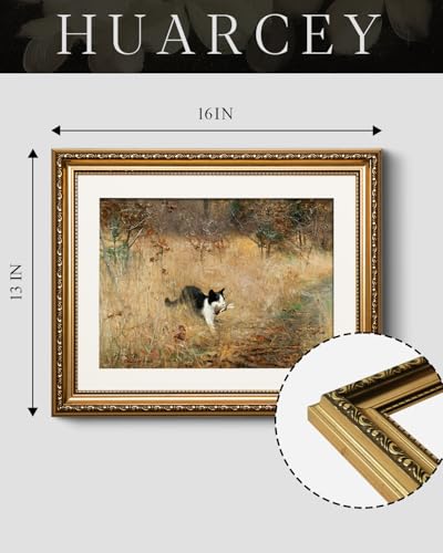 HUARCEY Vintage Gold Framed Black Cat Catching Sparrow Canvas Wall Art - color: Cat Catching Sparrow, size: 16"L x 13"W