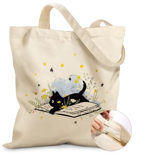 Miss Adola Canvas Tote Bag for Women – Aesthetic Canvas Bag with Zipper Cute Stylish Reusable Shoulder Totes for Shopping Work Daily Vacation, Cat Read - color: Cat Read