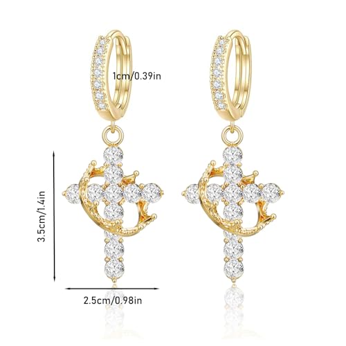 Crown Cross Earrings for Women Gold Cross Hoop Earrings Silver Crystal Crown Huggie Earring Dainty Cute Religious Dangle Earring Trendy Jewelry Accessories - color: gold