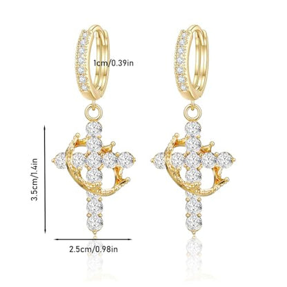 Crown Cross Earrings for Women Gold Cross Hoop Earrings Silver Crystal Crown Huggie Earring Dainty Cute Religious Dangle Earring Trendy Jewelry Accessories - color: gold