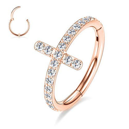 16G Cartilage Earring Hoop 316L Surgical Steel Daith Helix Conch Earrings Tragus Rook Earrings CZ Opal Septum Jewelry Seamless Clicker Nose Rings Hinged Segment Ring Hoop Earring for Women Men - color: 1PC,Rose Gold,Cross CZ