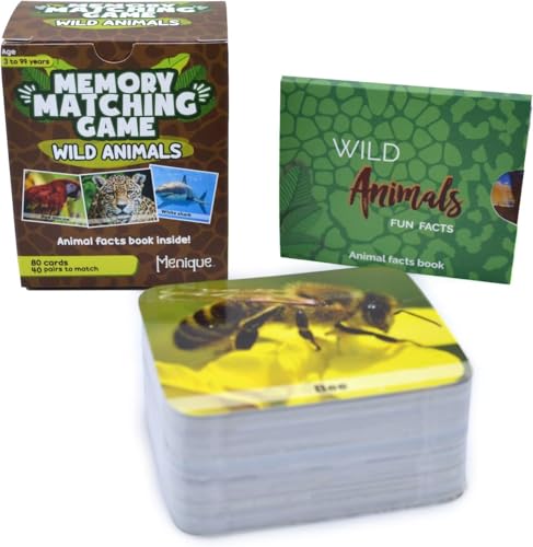 Menique Wild Animals Memory Matching Game – 80 Cards (40 Pairs) with Real Photos – Includes Educational Booklet with Animal Facts – Fun & Cognitive Game for Kids and Adults - style: Wild Animals