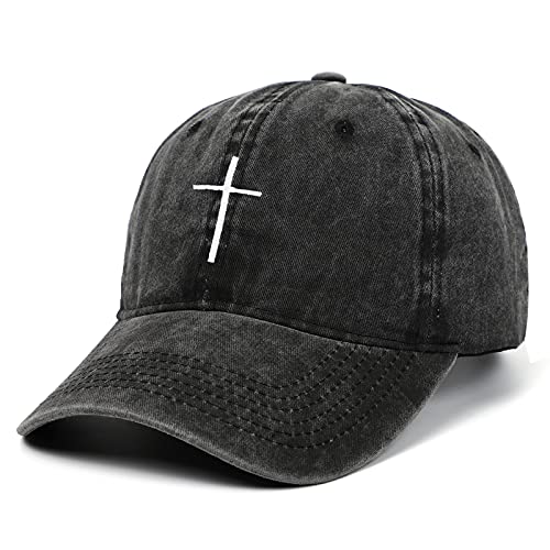 Cross Embroidery Baseball Cap,Adjustable Structured Dad Hat for Men Women Sun Hat - color: Black Washed