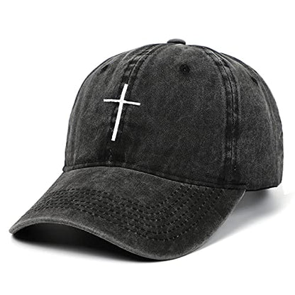 Cross Embroidery Baseball Cap,Adjustable Structured Dad Hat for Men Women Sun Hat - color: Black Washed