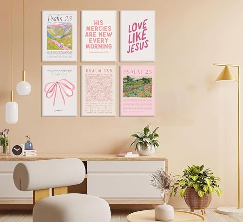 6Pcs Christian Wall Art Pink Bible Verse Scripture Wall Decor Framed - size: 12x16 in Wrapped Canvas