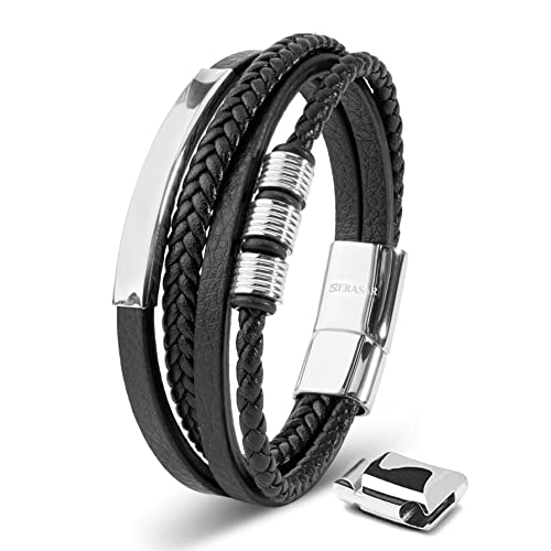 SERASAR Men's Leather Bracelet with Stainless Steel Magnetic Clasp - color: Silver, size: 17cm, style: Brave