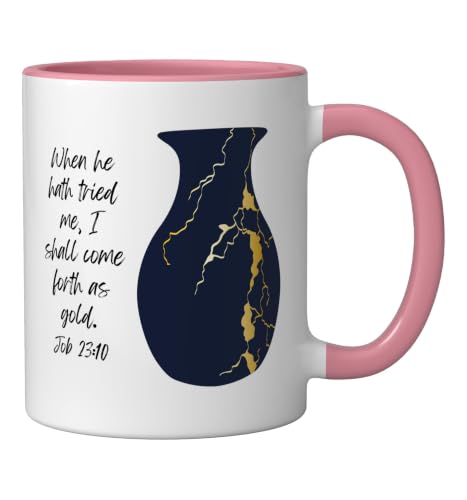 Bible Verse Jesus Christ Kintsugi Vase Gold Job Christian Ceramic Mug, Pink/White, 11oz - color: Pink/White, size: 11 Ounces