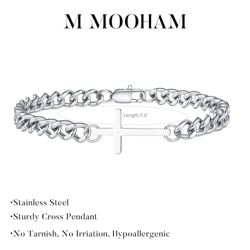 M MOOHAM Cross Bracelet for Men, Silver/14K Gold Plated Mens Bracelet - color: Silver Plated Cuban Link Chain-7.5Inch