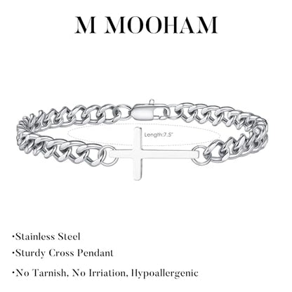 M MOOHAM Cross Bracelet for Men, Silver/14K Gold Plated Mens Bracelet - color: Silver Plated Cuban Link Chain-7.5Inch