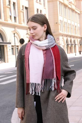 Wander Agio Women's Fashion Long Shawl Big Grid Winter Warm Lattice Large Scarf - color: Pink Black Red 18