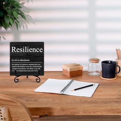 Resilience Wooden Sign Decor, Inspirational Definition Quote Plaque, Rustic Wooden Plaque Sign With Iron Stand, Farmhouse Home Office Restroom Desk Shelf Decorations - style: Inspirational