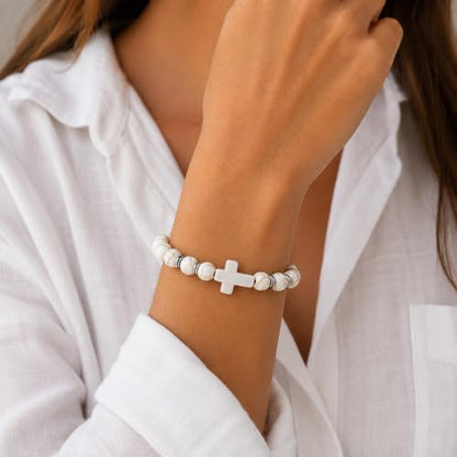 Cross Birthstone Gemstone Beaded Stretch Protection Bracelet for Man Woman, Handmade Healing Stone Chakra Beads Elastic Bracelets Accessories Fashion Jewelry Gift. - color: White Cross Stone